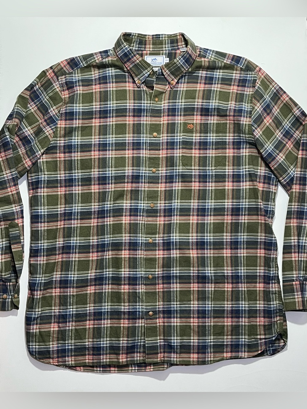 Men’s Southern Tide Plaid Long Sleeve Button Down Shirt, XXL, Green/Orange